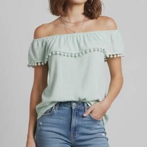 Kori Mint Boho Green Crinkle Off-Shoulder Tassel Pom Pom Blouse Top Size XL